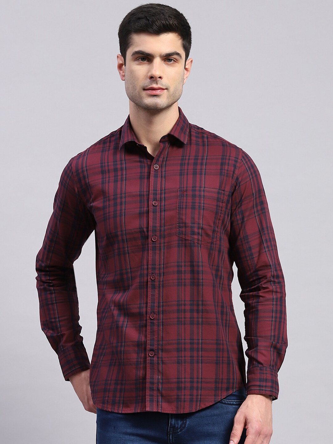 

Monte Carlo Classic Spread Collar Tartan Checks Opaque Cotton Casual Shirt, Maroon