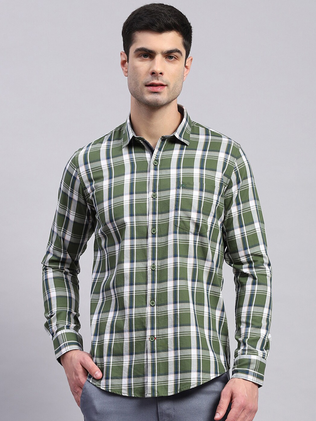 

Monte Carlo Classic Spread Collar Tartan Checks Opaque Cotton Casual Shirt, Olive