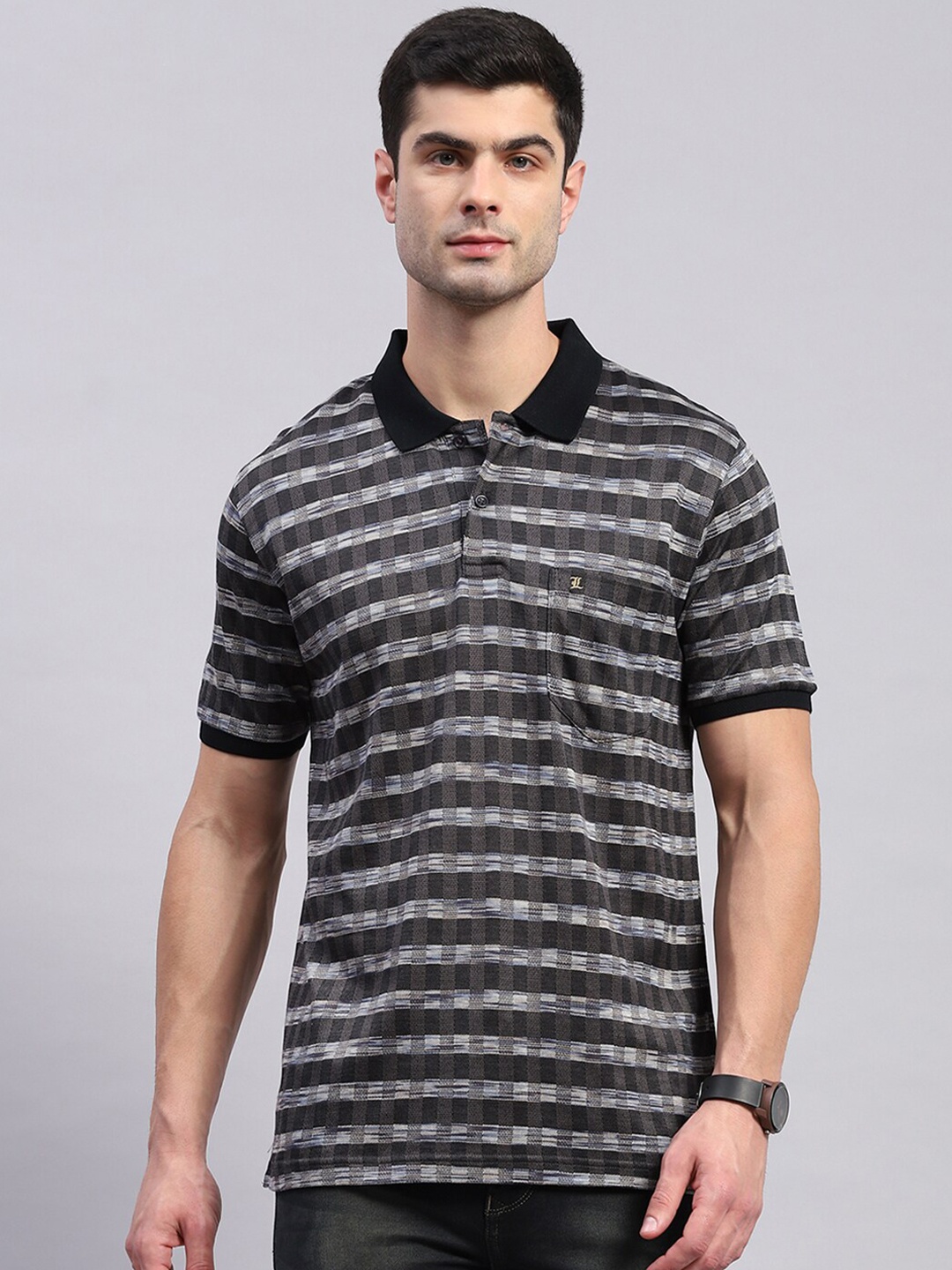 

Monte Carlo Striped Polo Collar Short Sleeves Cotton T-shirt, Black