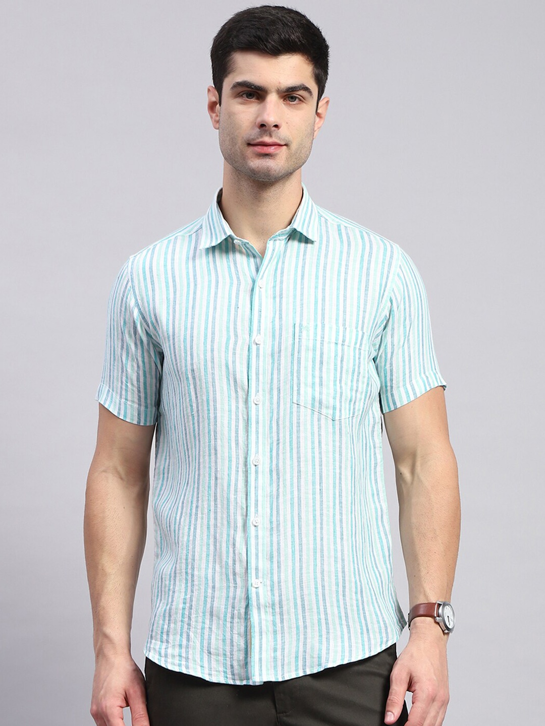 

Monte Carlo Classic Spread Collar Opaque Striped Cotton Casual Shirt, Sea green