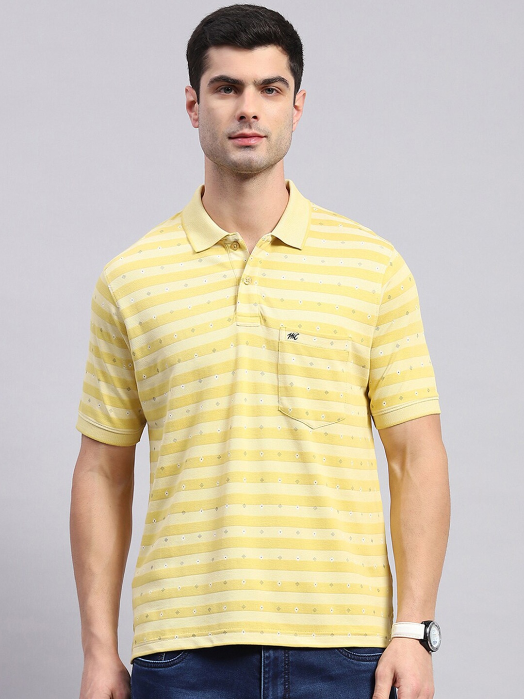 

Monte Carlo Striped Polo Collar Cotton Knitted T-shirt, Yellow