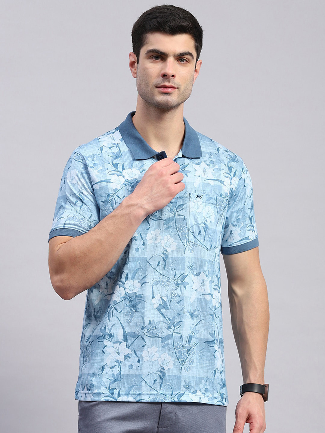 

Monte Carlo Floral Printed Polo Collar Cotton T-shirt, Blue
