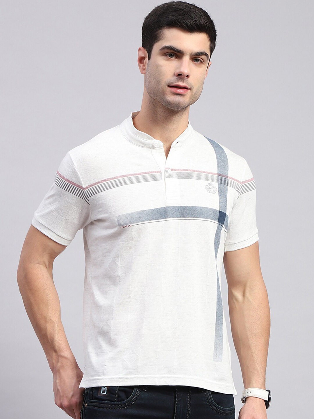 

Monte Carlo Striped Cotton Mandarin Collar T-shirt, White
