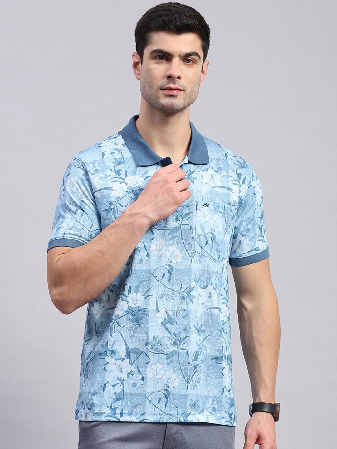 

Monte Carlo Floral Printed Cotton Polo Collar T-shirt, Blue