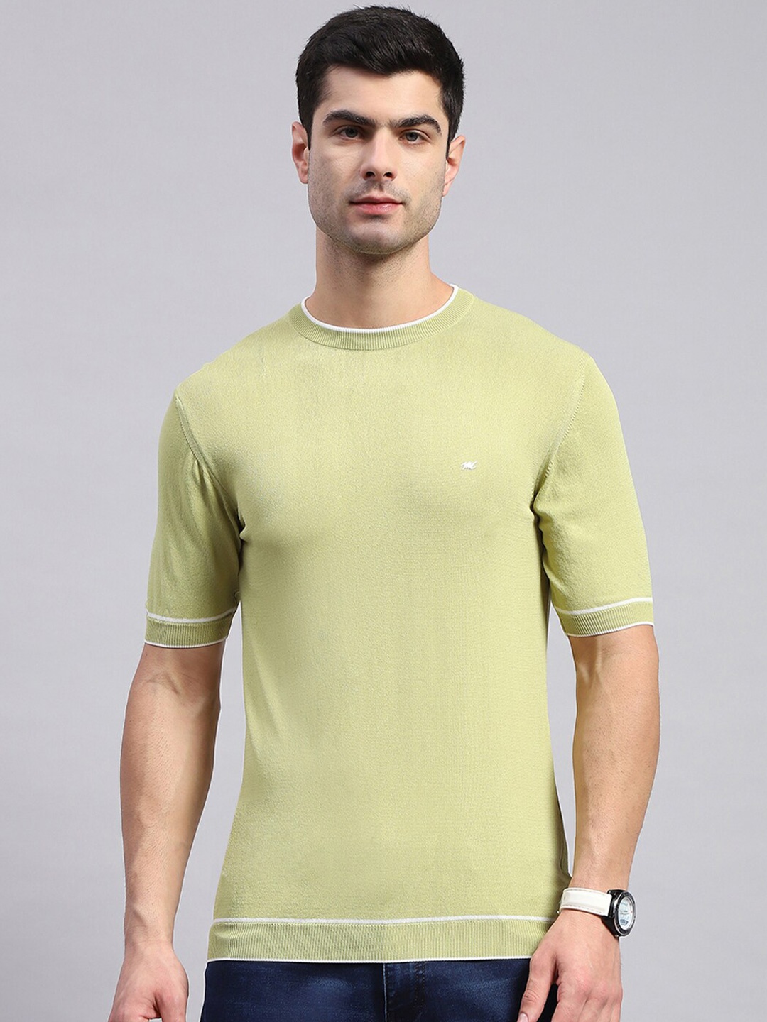 

Monte Carlo Round Neck Raw Edge Knitted T-shirt, Olive