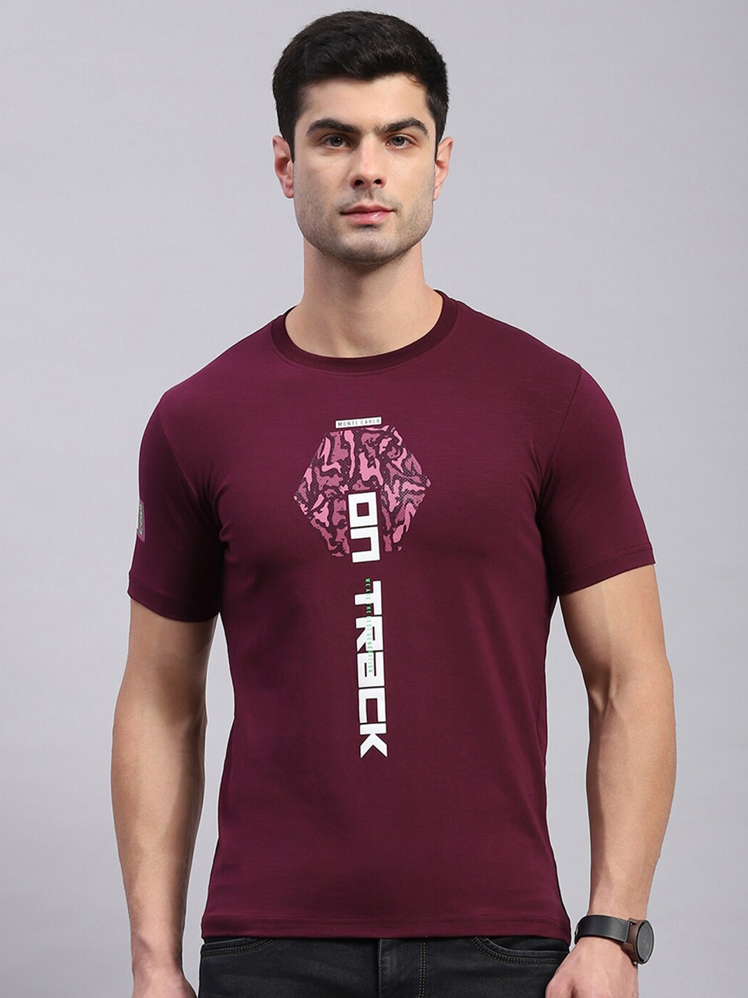 

Monte Carlo Typography Printed Cotton Raw Edge T-shirt, Maroon