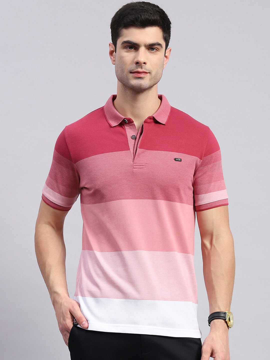 

Monte Carlo Striped Polo Collar Cotton T-shirt, Pink