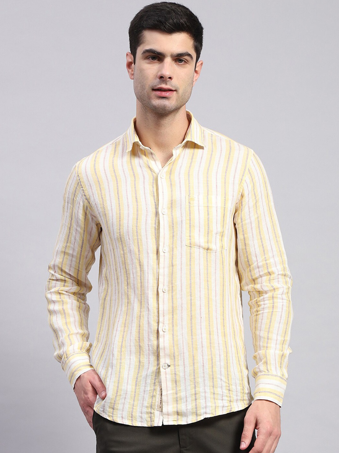 

Monte Carlo Classic Opaque Striped Linen Casual Shirt, Yellow