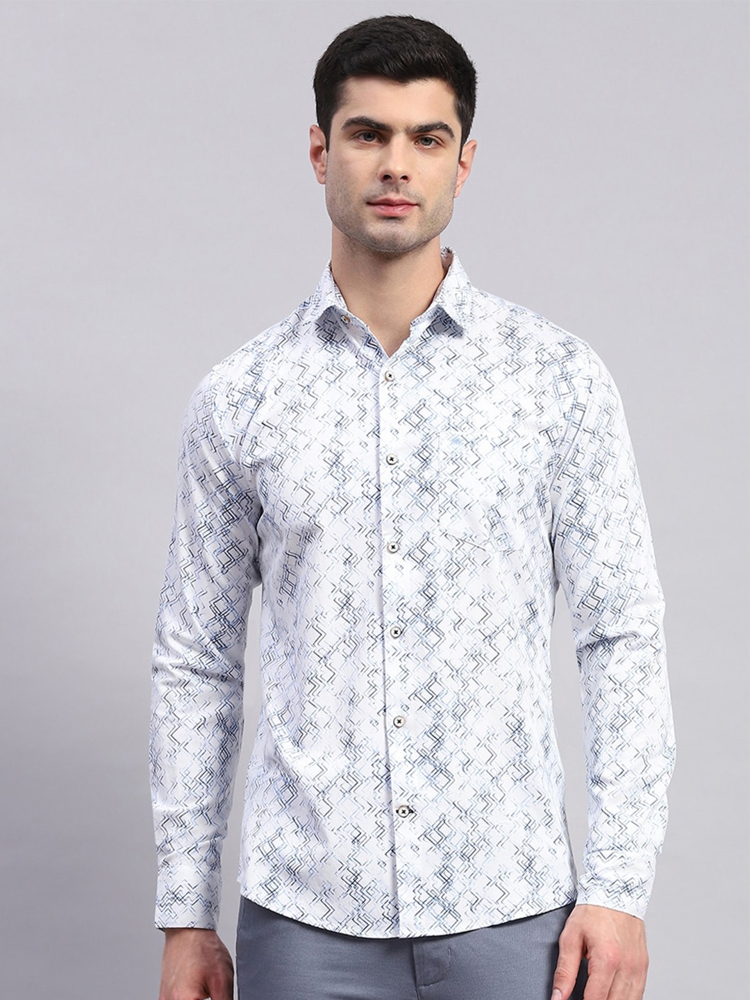 

Monte Carlo Classic Slim Fit Opaque Geometric Printed Casual Shirt, Blue