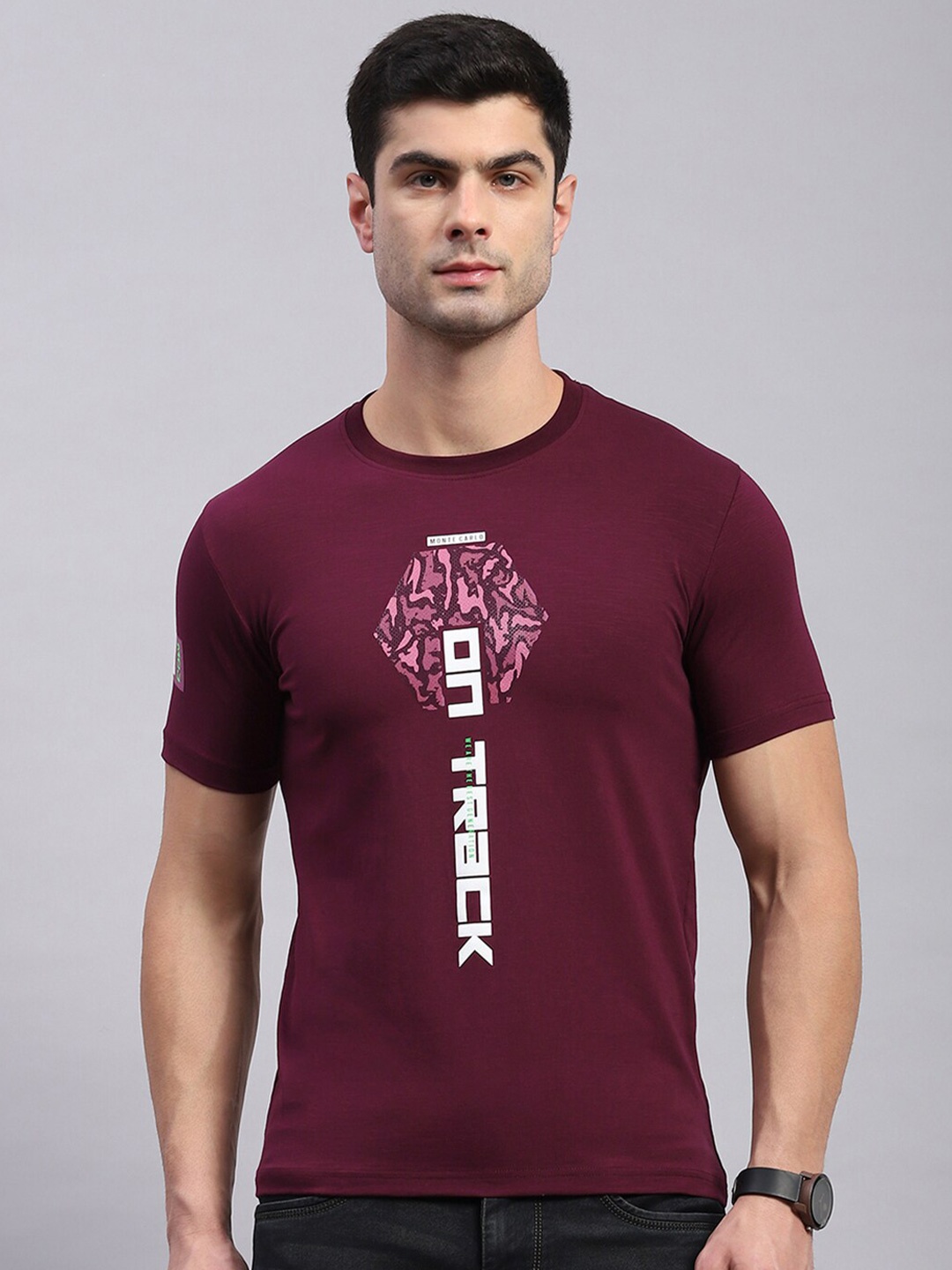 Monte Carlo Typography Printed Cotton Round Neck T-Shirt, Maroon