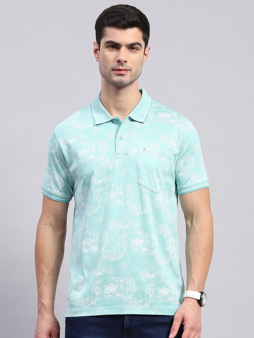 

Monte Carlo Floral Printed Polo Collar Cotton T-shirt, Turquoise blue