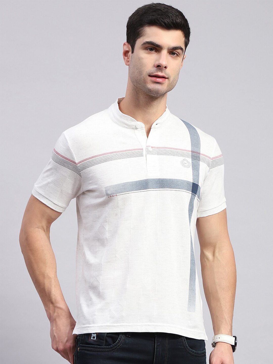 

Monte Carlo Striped Mandarin Collar T-shirt, White