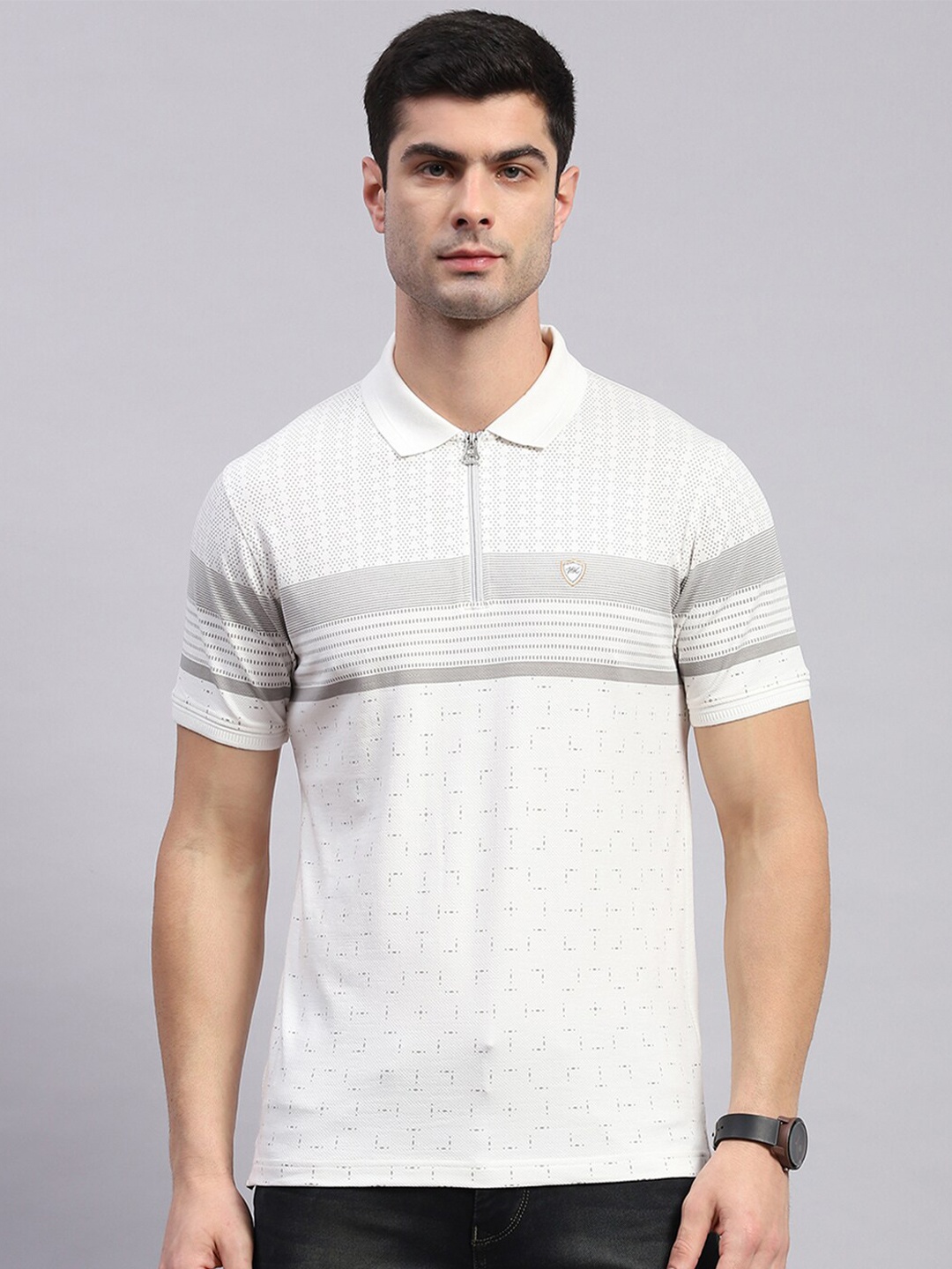 

Monte Carlo Striped Polo Collar Cotton T-Shirt, White