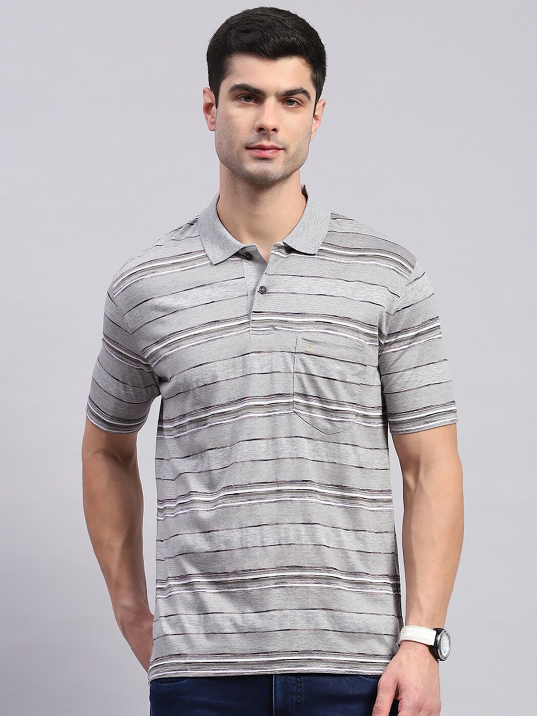 

Monte Carlo Striped Polo Collar T-shirt, Grey