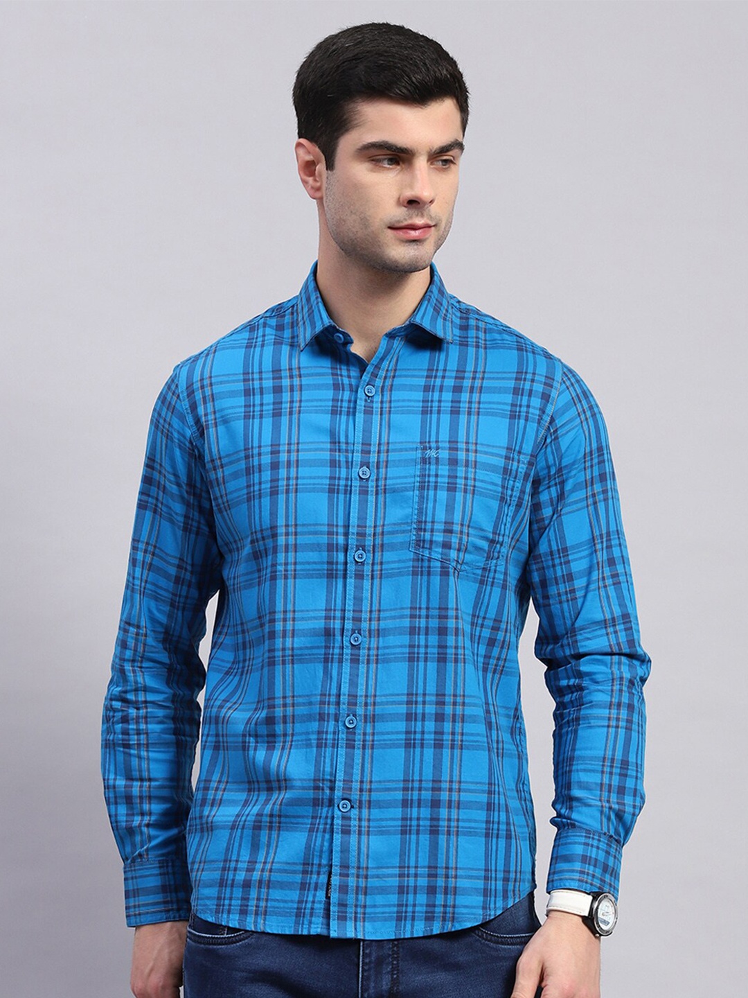 

Monte Carlo Classic Opaque Tartan Checked Cotton Casual Shirt, Blue