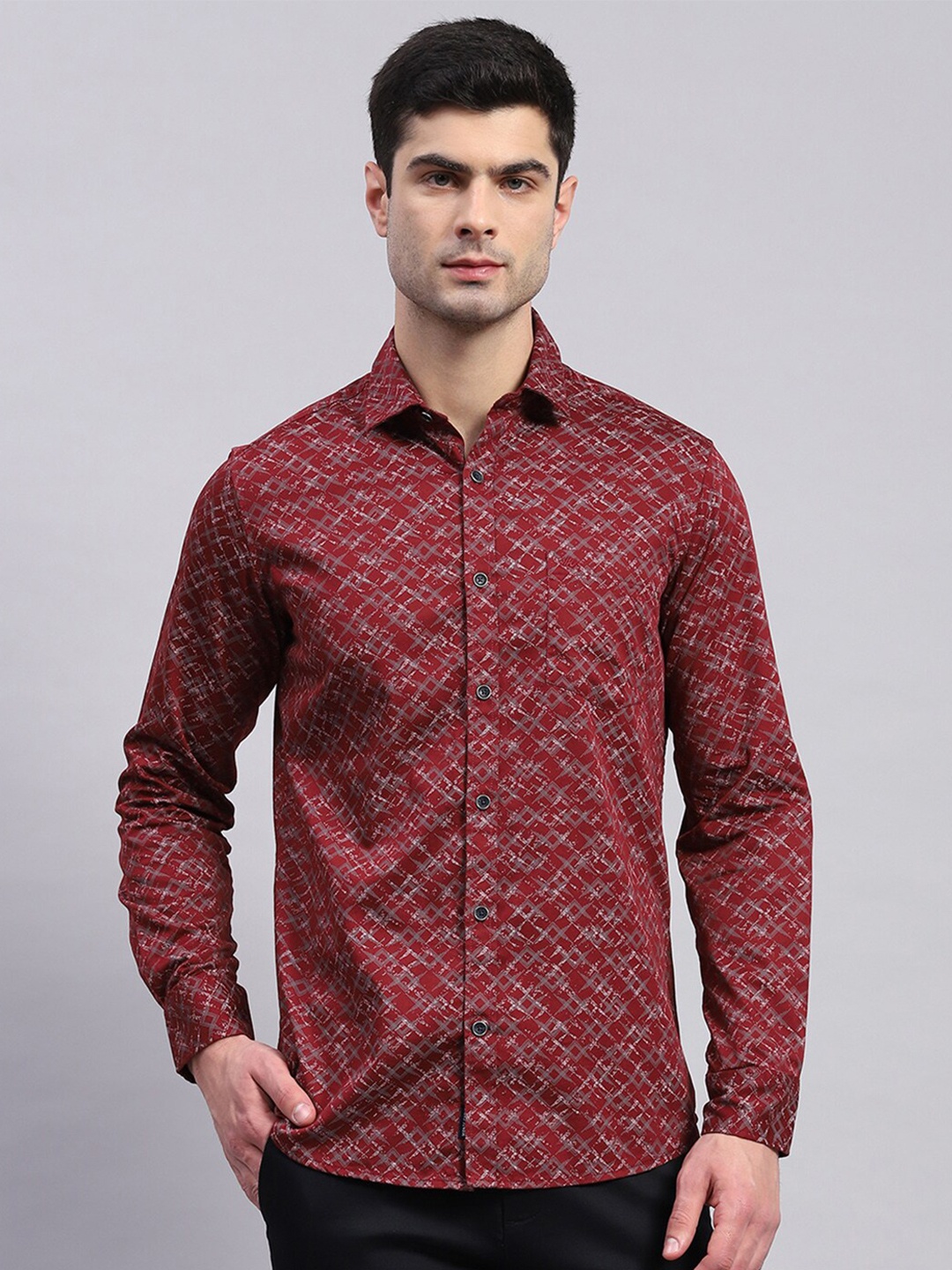 

Monte Carlo Classic Slim Fit Opaque Abstract Printed Cotton Formal Shirt, Maroon