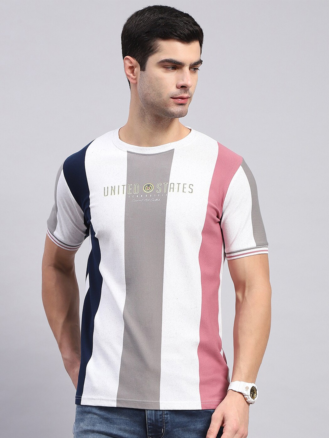 

Monte Carlo Striped Cotton Round Neck T-Shirt, White