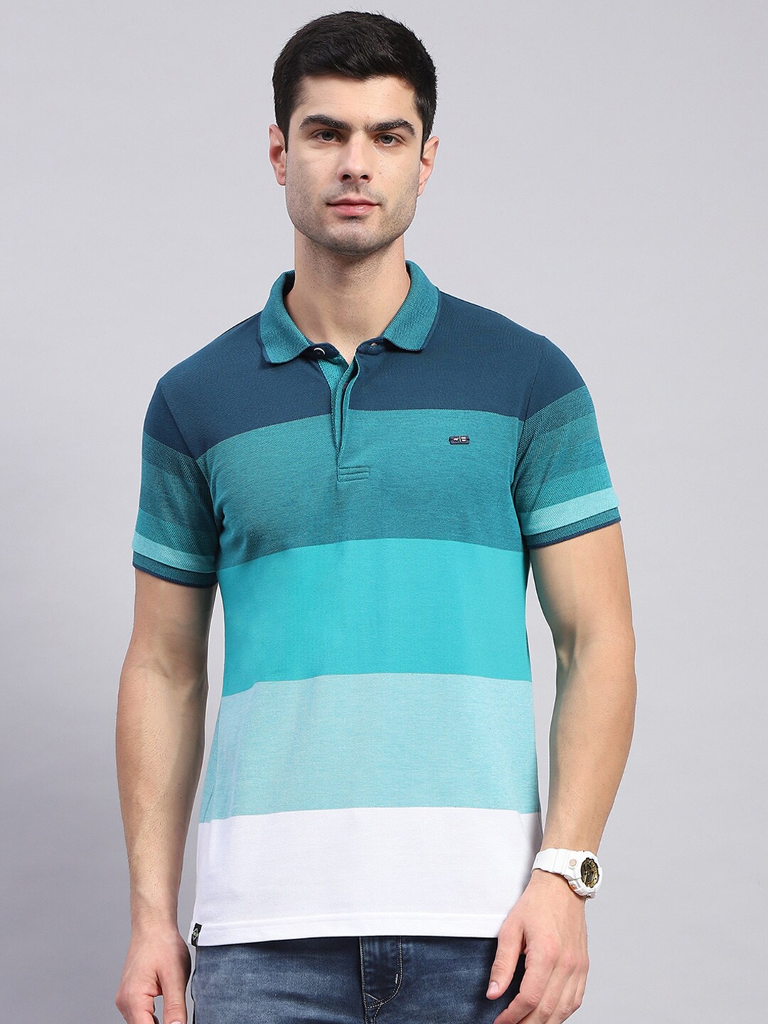 

Monte Carlo Colourblocked Polo Collar T-shirt, Teal