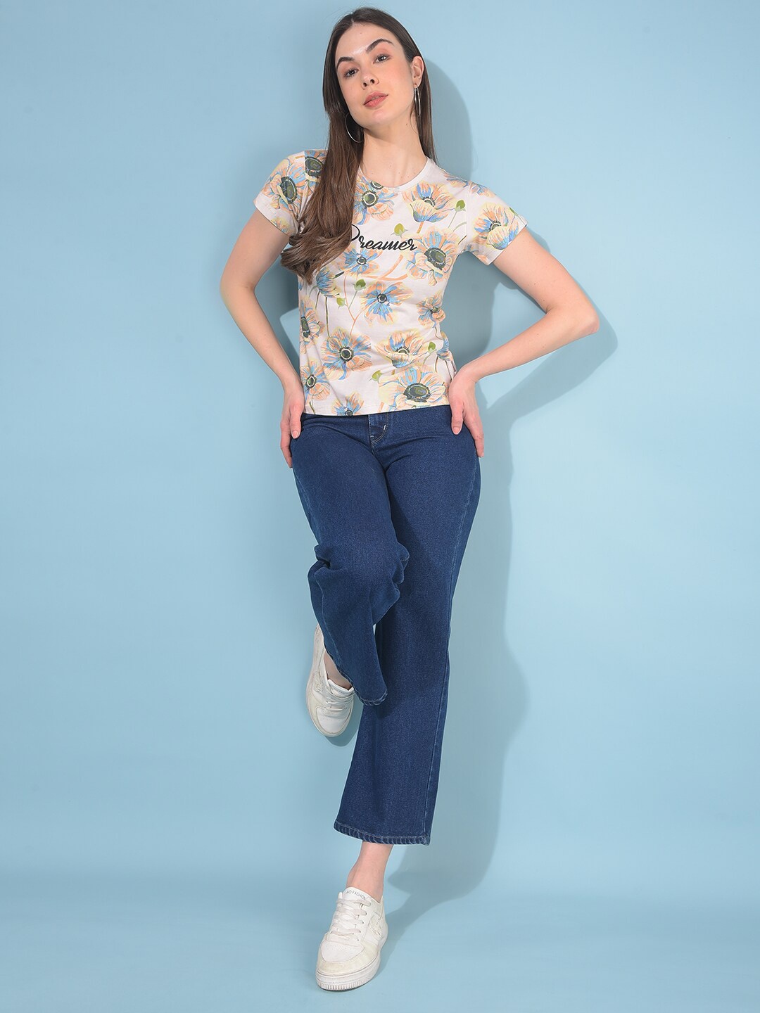 

Crimsoune Club Floral Printed Slim Fit Cotton T-shirt, Peach