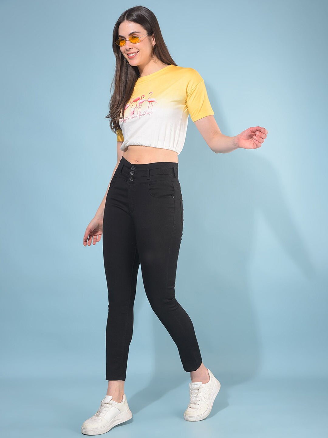 Crimsoune Club Graphic Printed Round Neck Cotton Slim Fit Crop T-shirt, Yellow