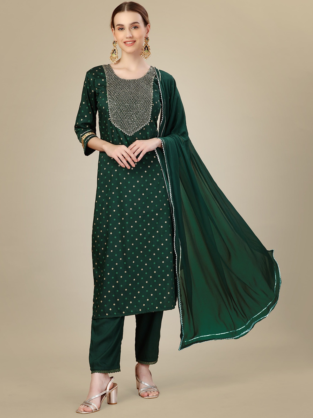 

BAPS Ethnic Motifs Embroidered Sequinned Straight Kurta with Trouser & Dupatta, Green