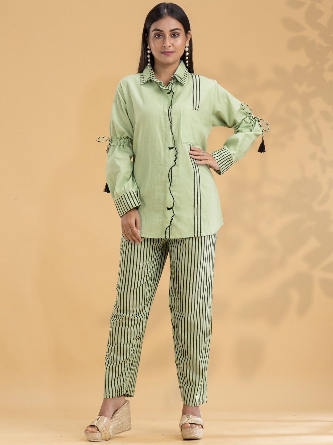

SACRED SUTA Striped Pure Cotton Shirt Collar Neck Top & Flared Trouser, Green
