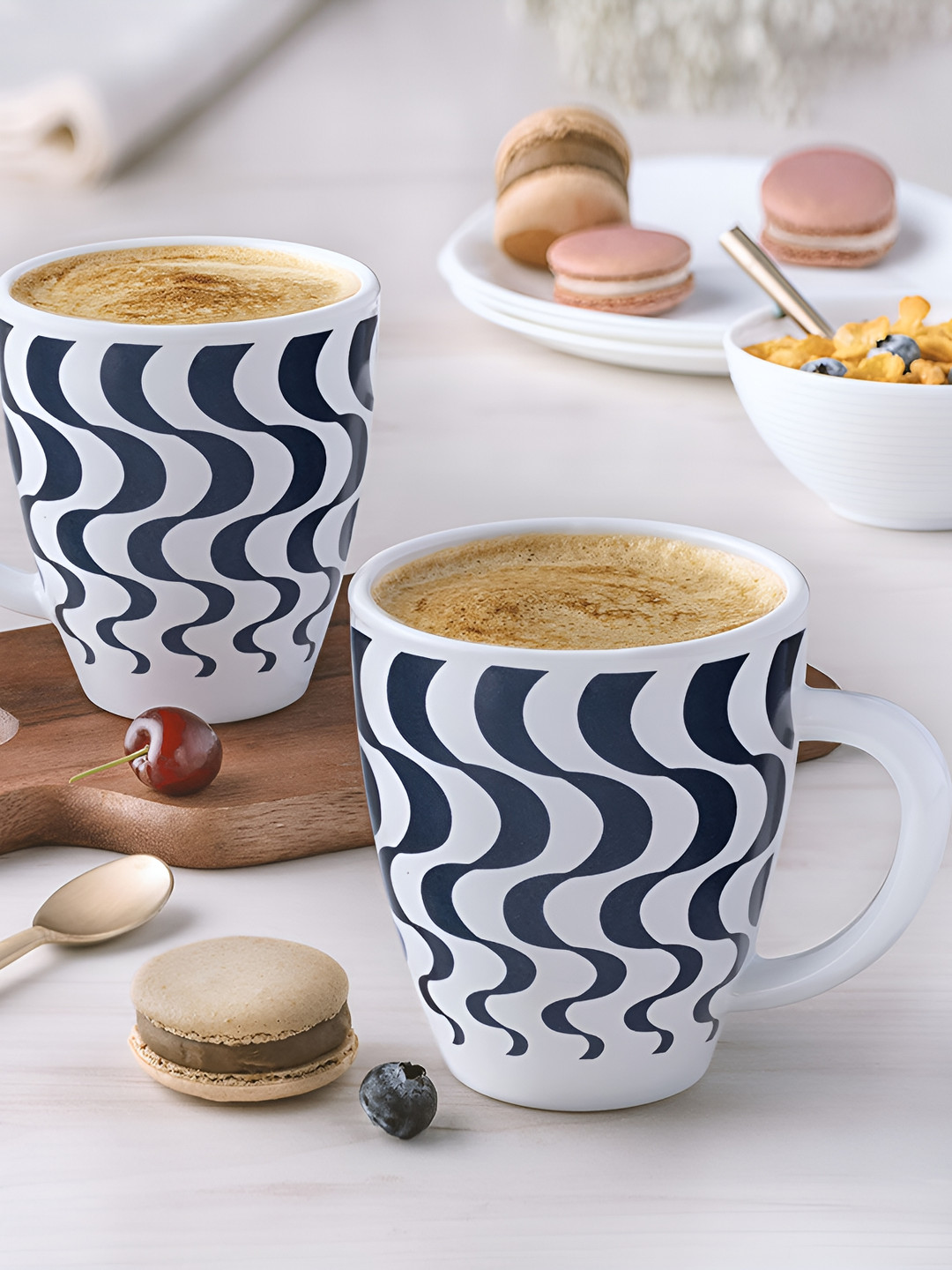 

Larah by BOROSIL White & Navy Blue 2 Pcs Printed Opalware Matte Mugs 400 ml