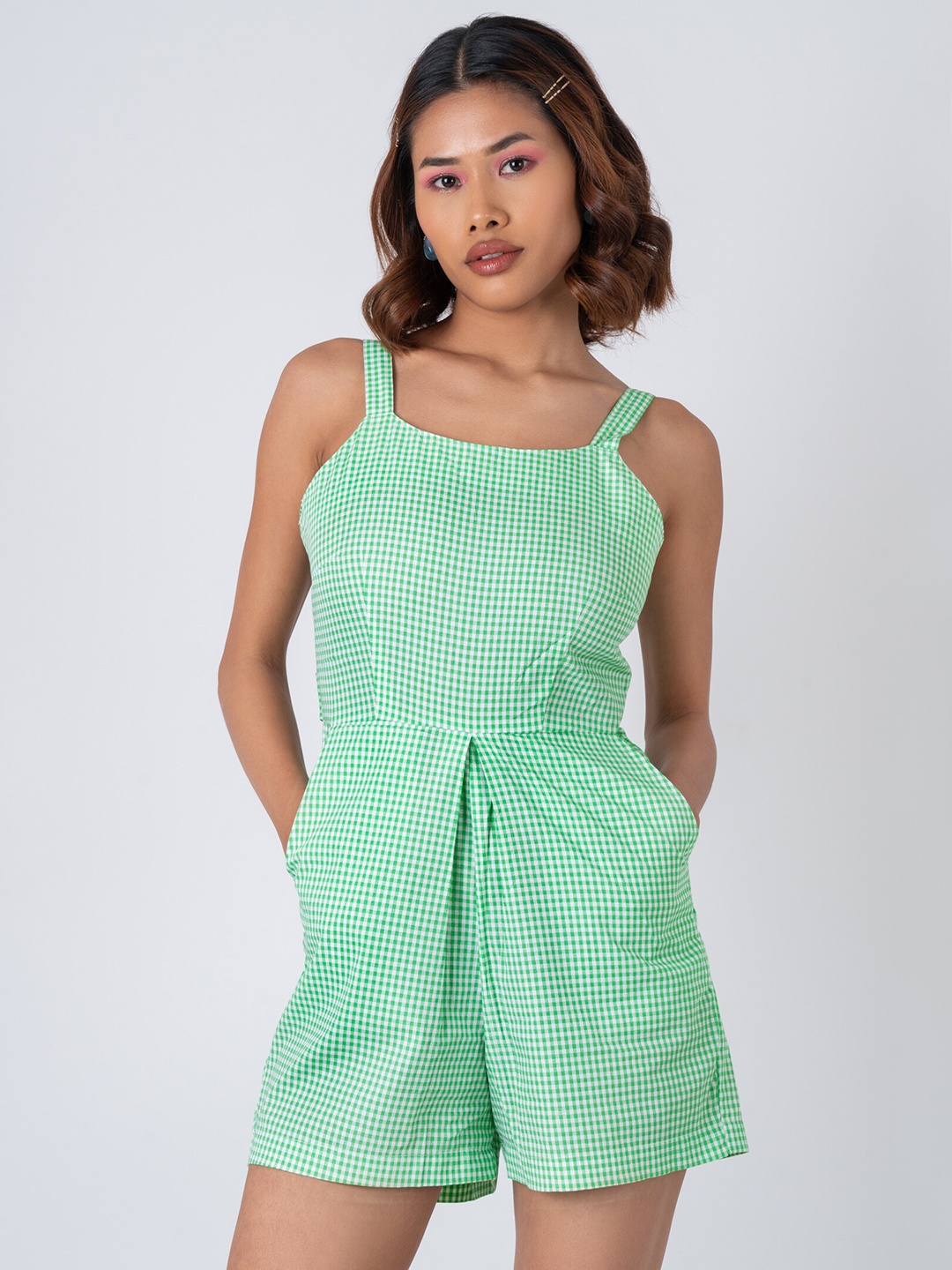 

Fashioncons Checked Shoulder Straps Jumpsuit, Green