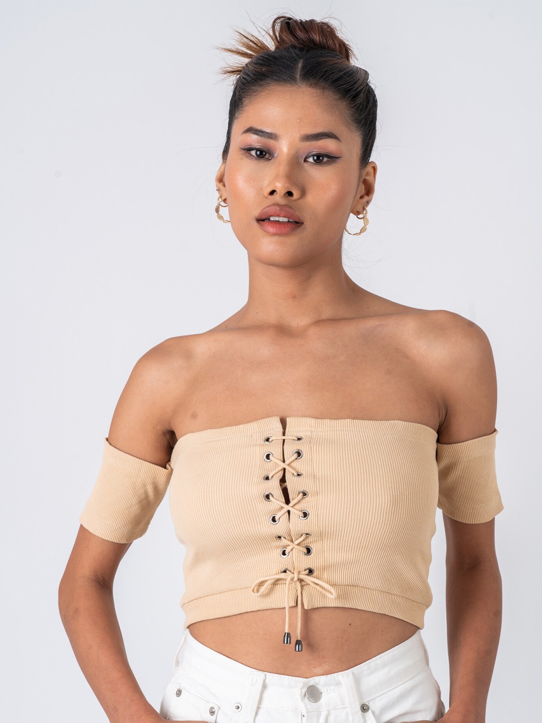 

Fashioncons Off-Shoulder Tie Up Bardot Crop Top, Beige