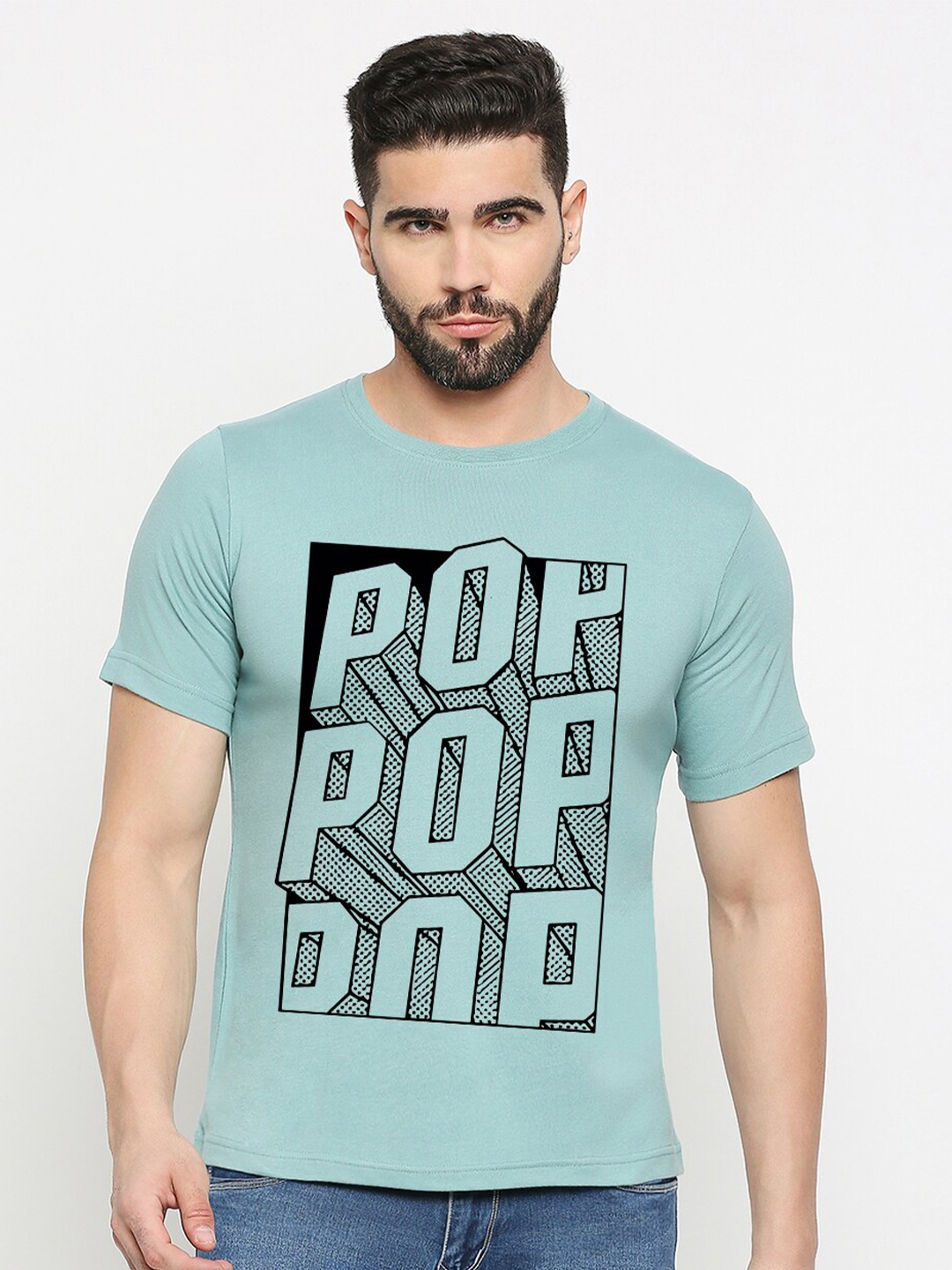 

MOD ECRU Typography Printed Round Neck Short Sleeves Cotton T-shirt, Green