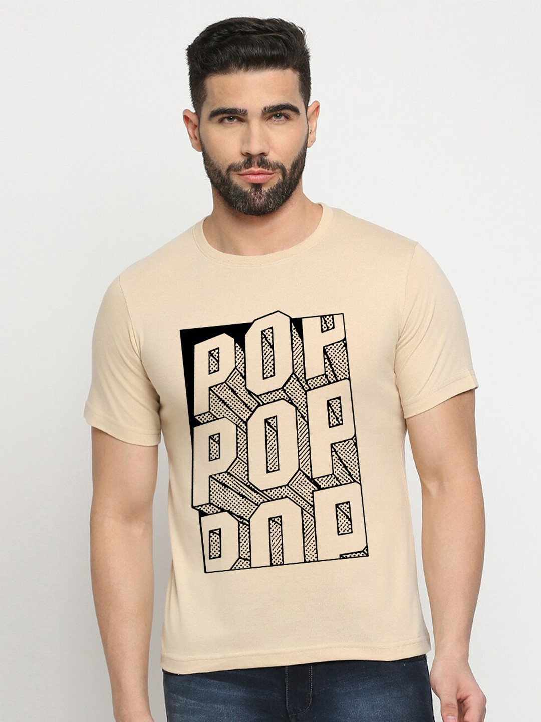 

MOD ECRU Typography Printed Round Neck Short Sleeves Cotton T-shirt, Cream