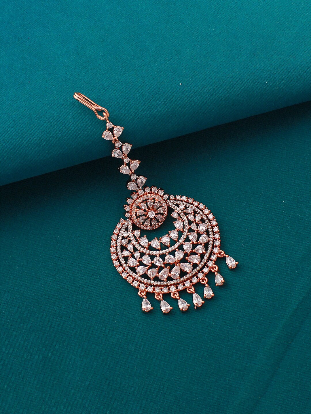 

Mirana Rhodium-Plated American Diamond Studded Maang Tikka Head Jewellery, Rose