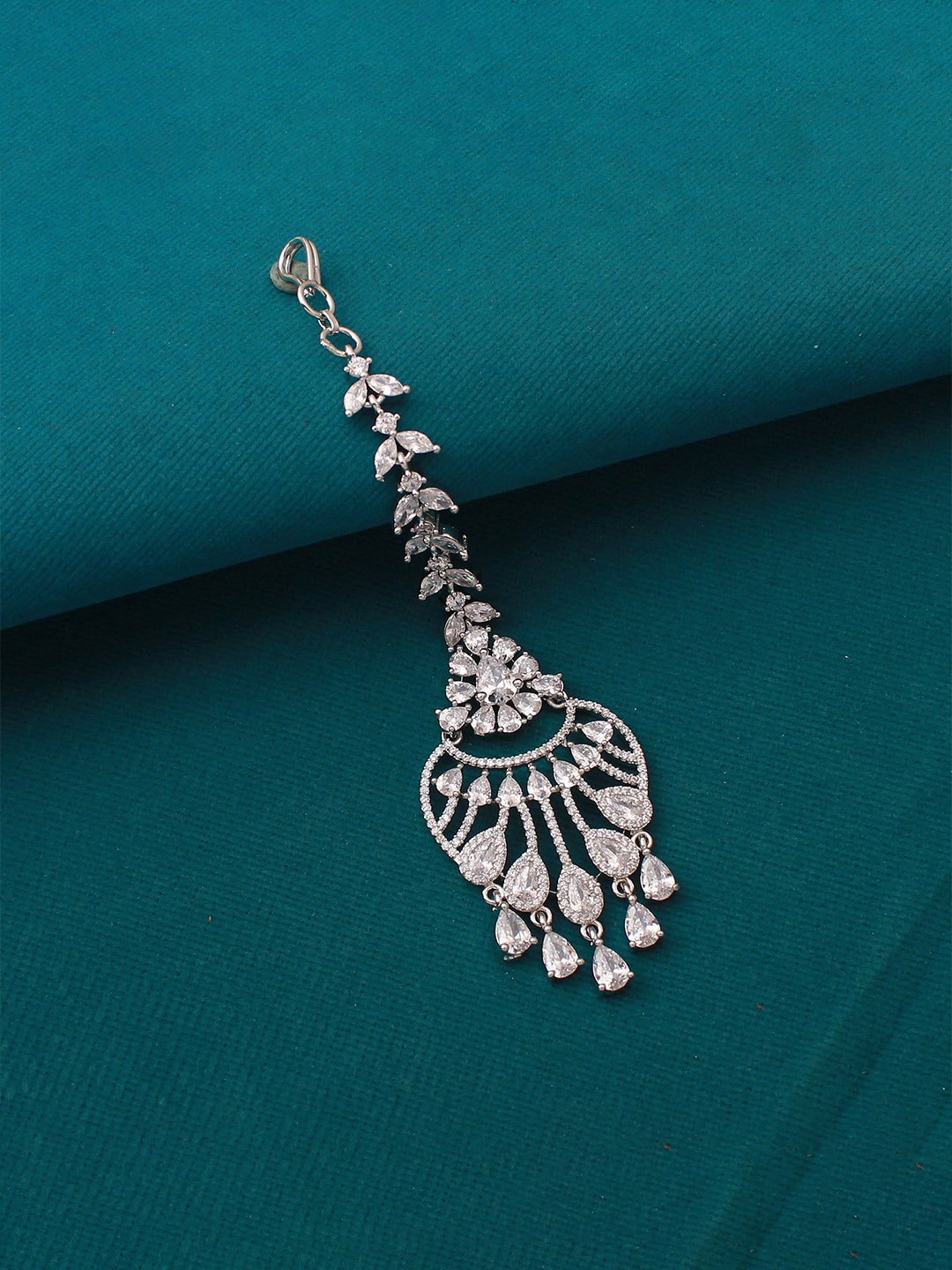 

Mirana Rhodium-Plated American Diamond Studded Maang Tikka Head Jewellery, Silver