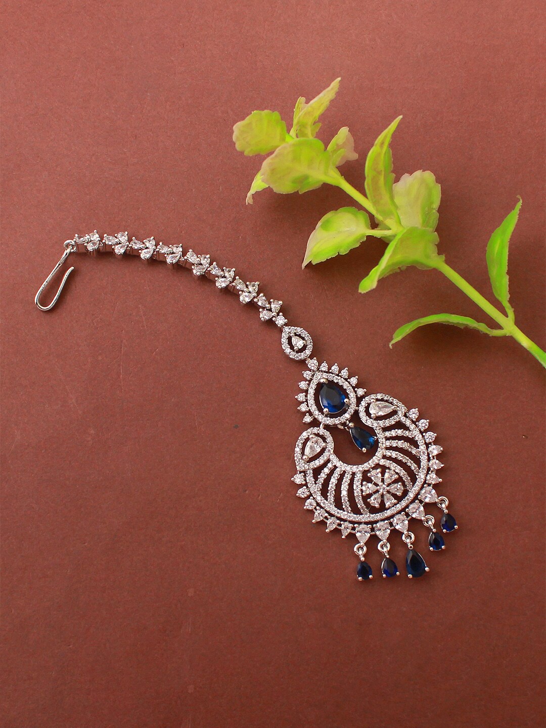 

Mirana Rhodium-Plated American Diamond Studded Maang Tikka Head Jewellery, Silver