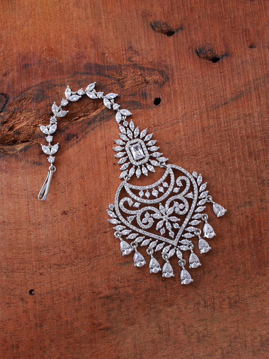 

Mirana Rhodium-Plated American Diamond Studded Maang Tikka Head Jewellery, Silver