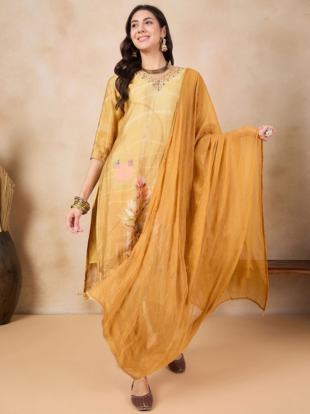 

Anouk Ethnic Motifs Printed Regular Sequinned Chanderi Silk Kurta With Salwar & Dupatta, Yellow