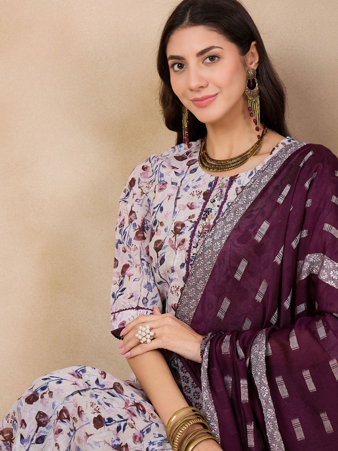 

Anouk Floral Printed sequined Pure Cotton Kurta with Trousers & Dupatta, White
