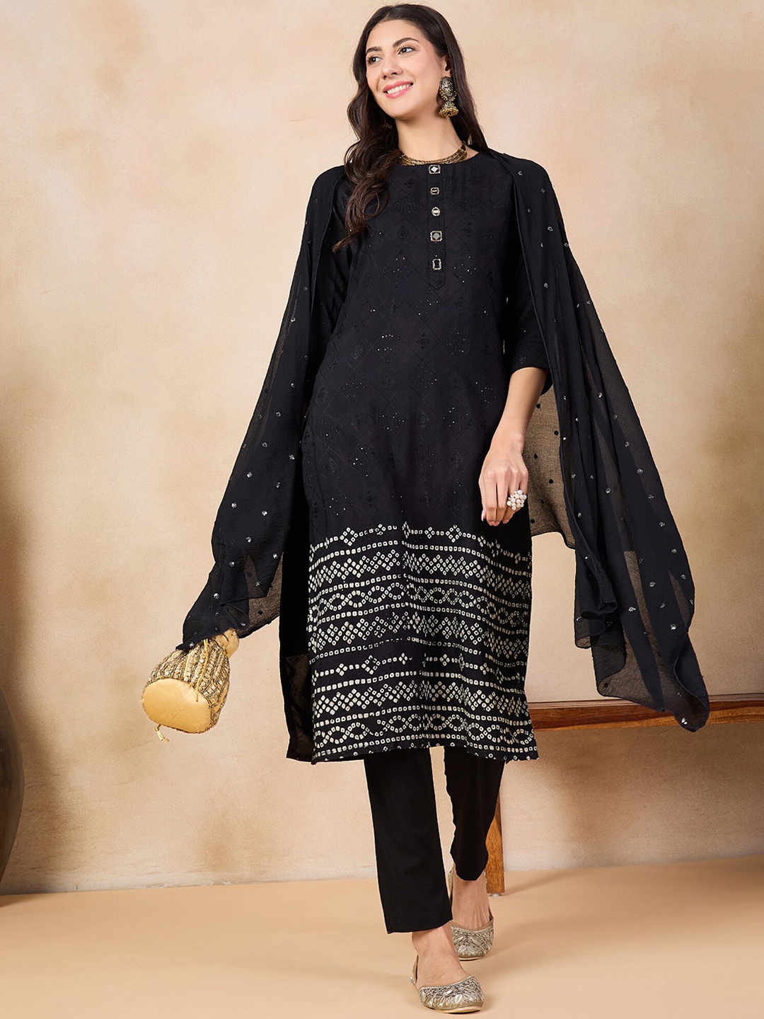 

Anouk Ethnic Motifs Embroidered Regular Sequinned Kurta With Trousers & Dupatta, Black