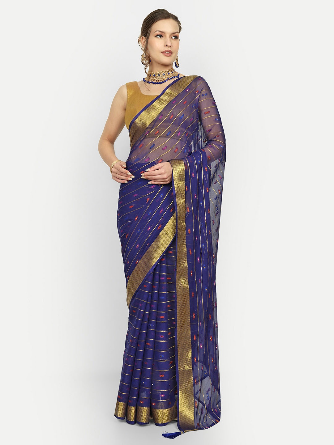 

Aardiva Striped Woven Design Zari Pure Chiffon Saree, Navy blue