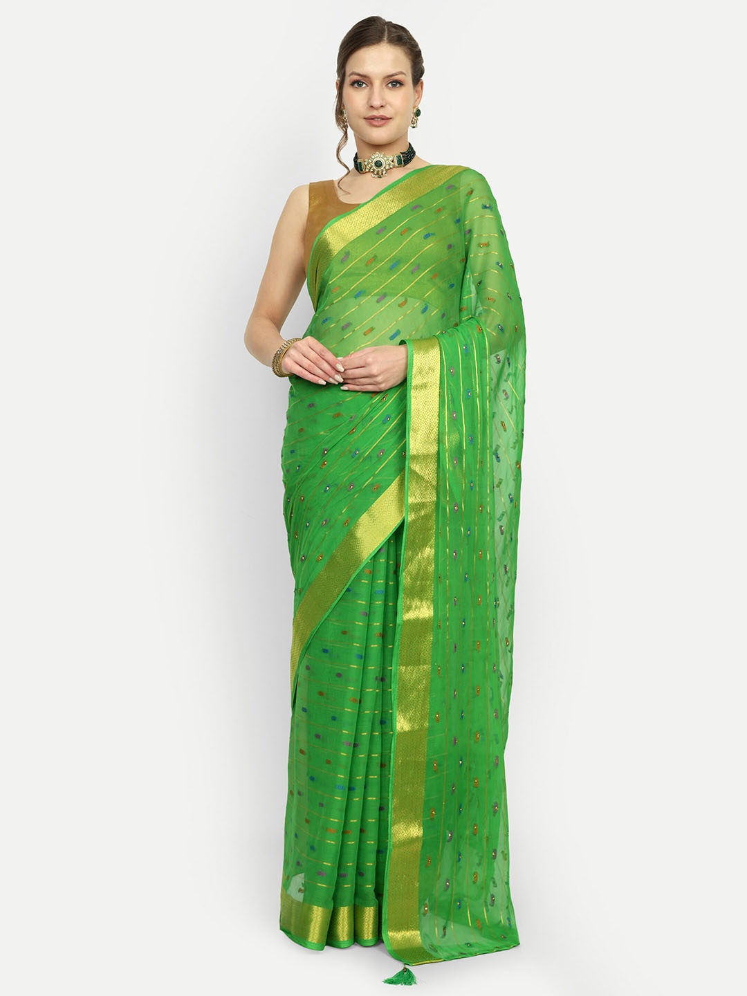 

Aardiva Woven Design Printed Zari Pure Chiffon Saree, Green