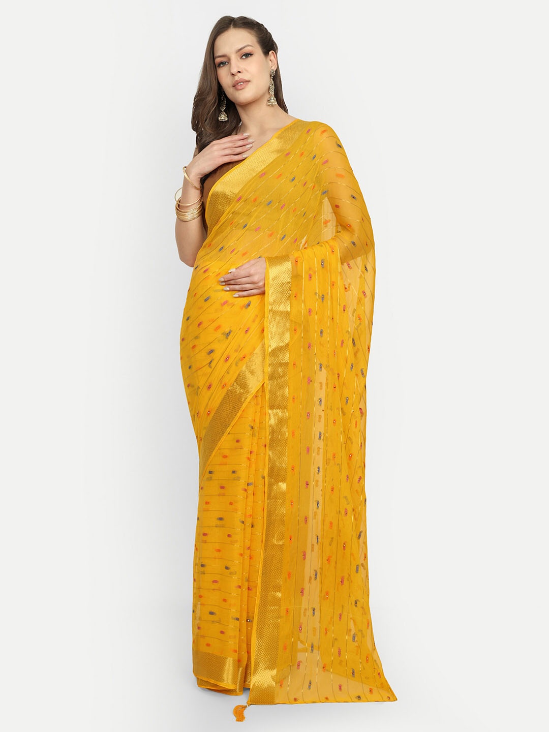 

Aardiva Woven Design Printed Zari Pure Chiffon Saree, Yellow
