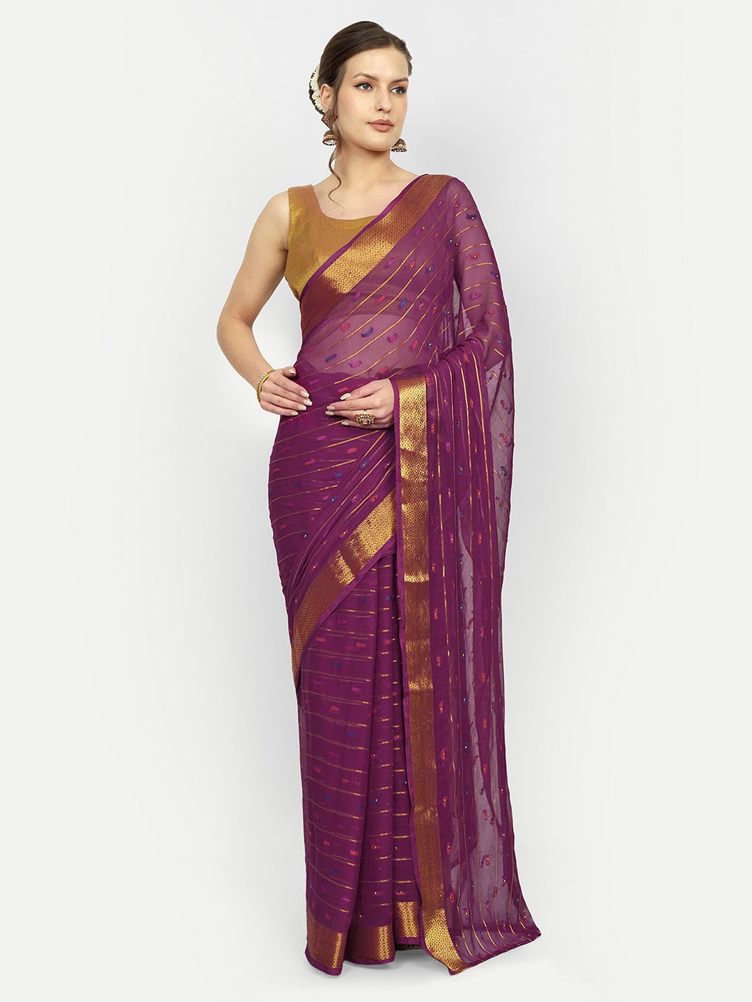 

Aardiva Striped Printed Zari Pure Chiffon Saree, Purple