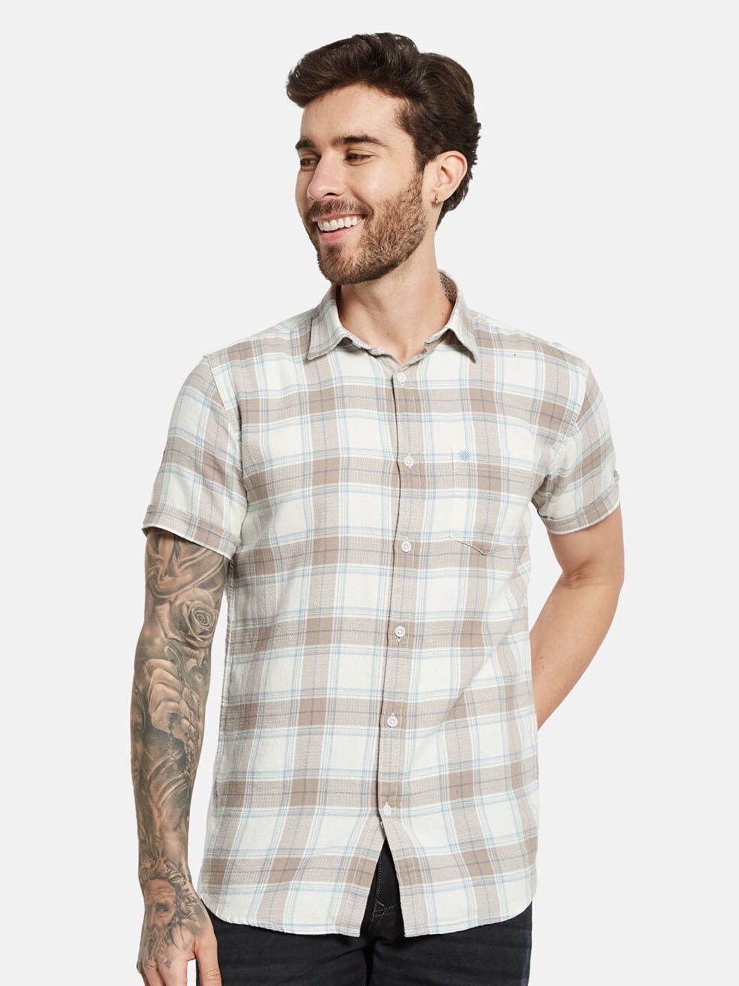 

METTLE Opaque Checked Cotton Casual Shirt, Brown