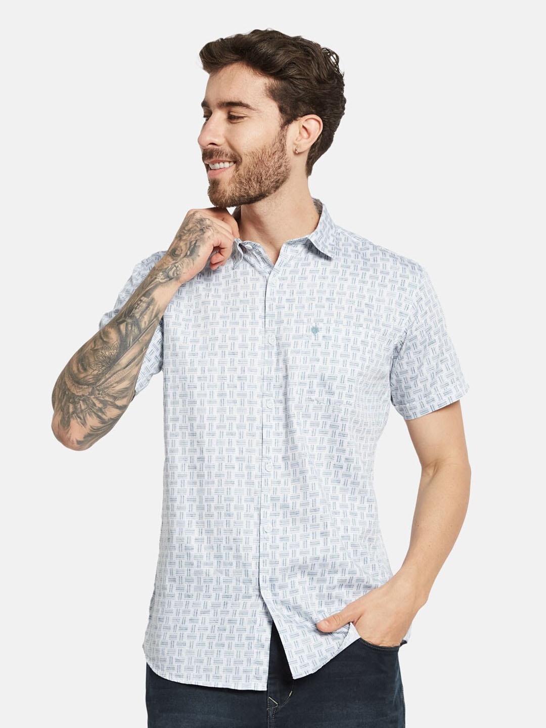 

METTLE Spread Collar Geometric Printed Casual Cotton Shirt, Blue