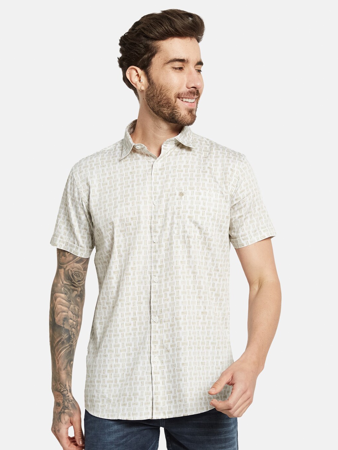 

METTLE Opaque Abstract Printed Cotton Casual Shirt, Beige