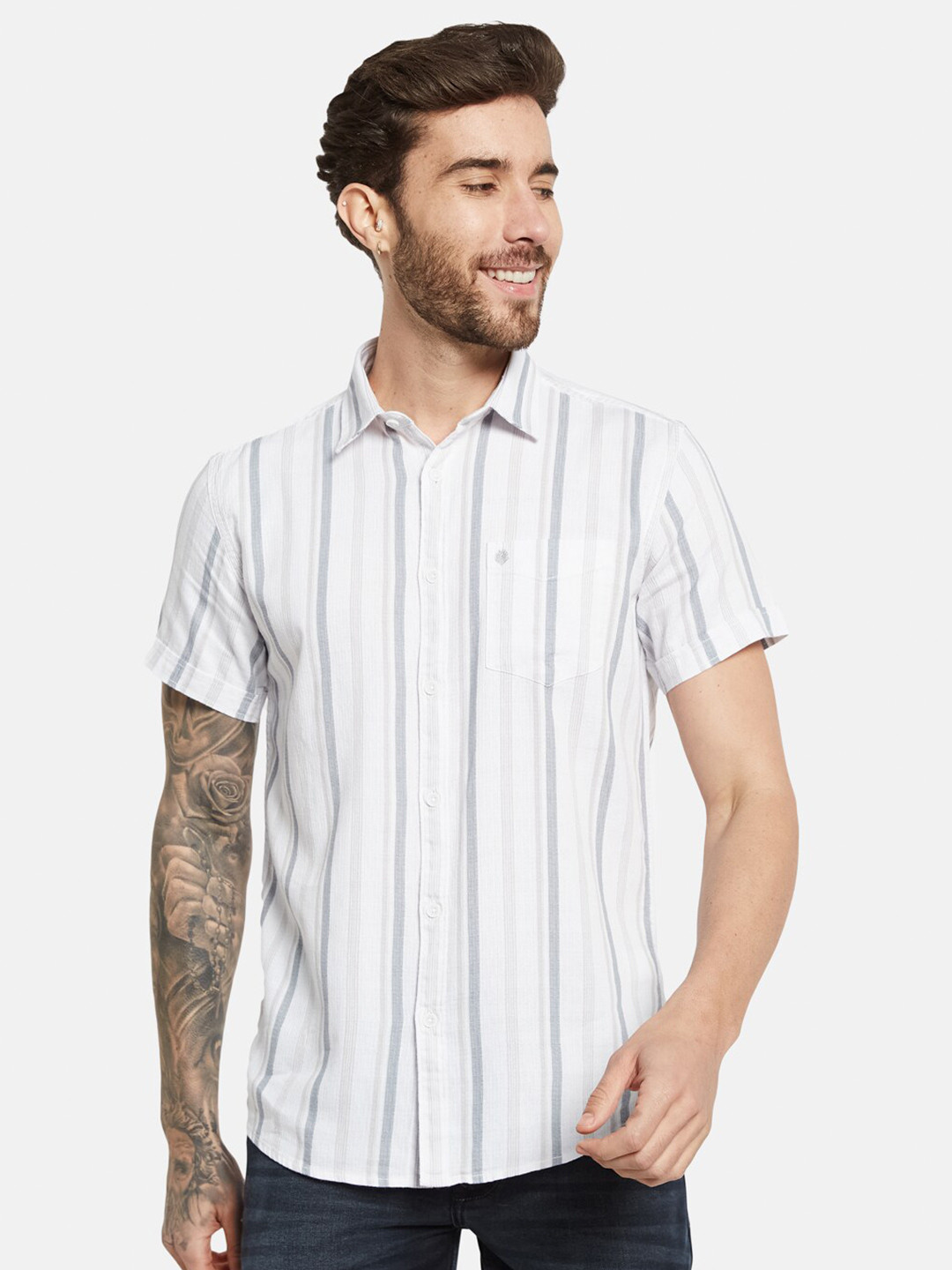 

METTLE Opaque Striped Cotton Casual Shirt, White