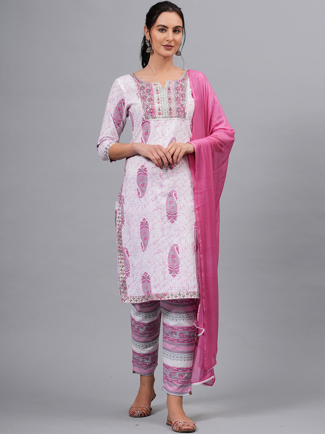 

KALINI Floral Printed Regular Sequinned Pure Cotton Kurta With Trousers & Dupatta, Pink