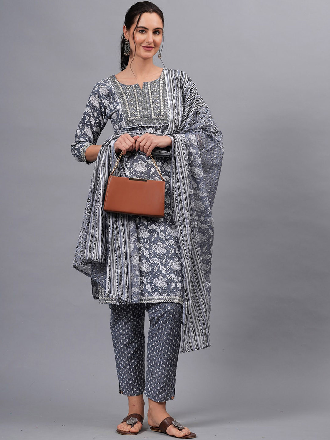 

KALINI Floral Embroidered Mirror Work Pure Cotton Straight Kurta with Trousers & Dupatta, Grey
