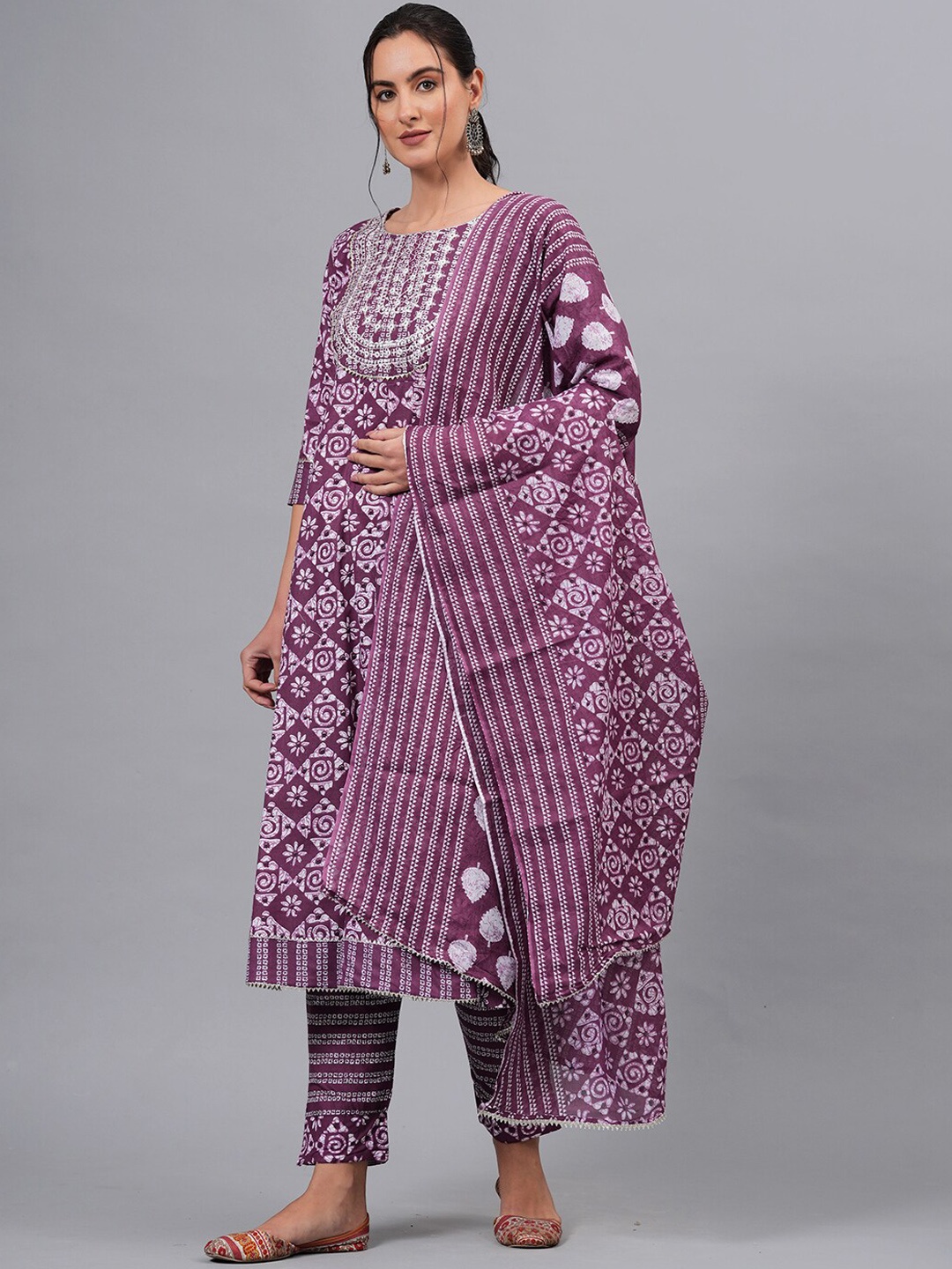 

KALINI Ethnic Motifs Printed Pure Cotton Straight Kurta & Trousers With Dupatta, Purple