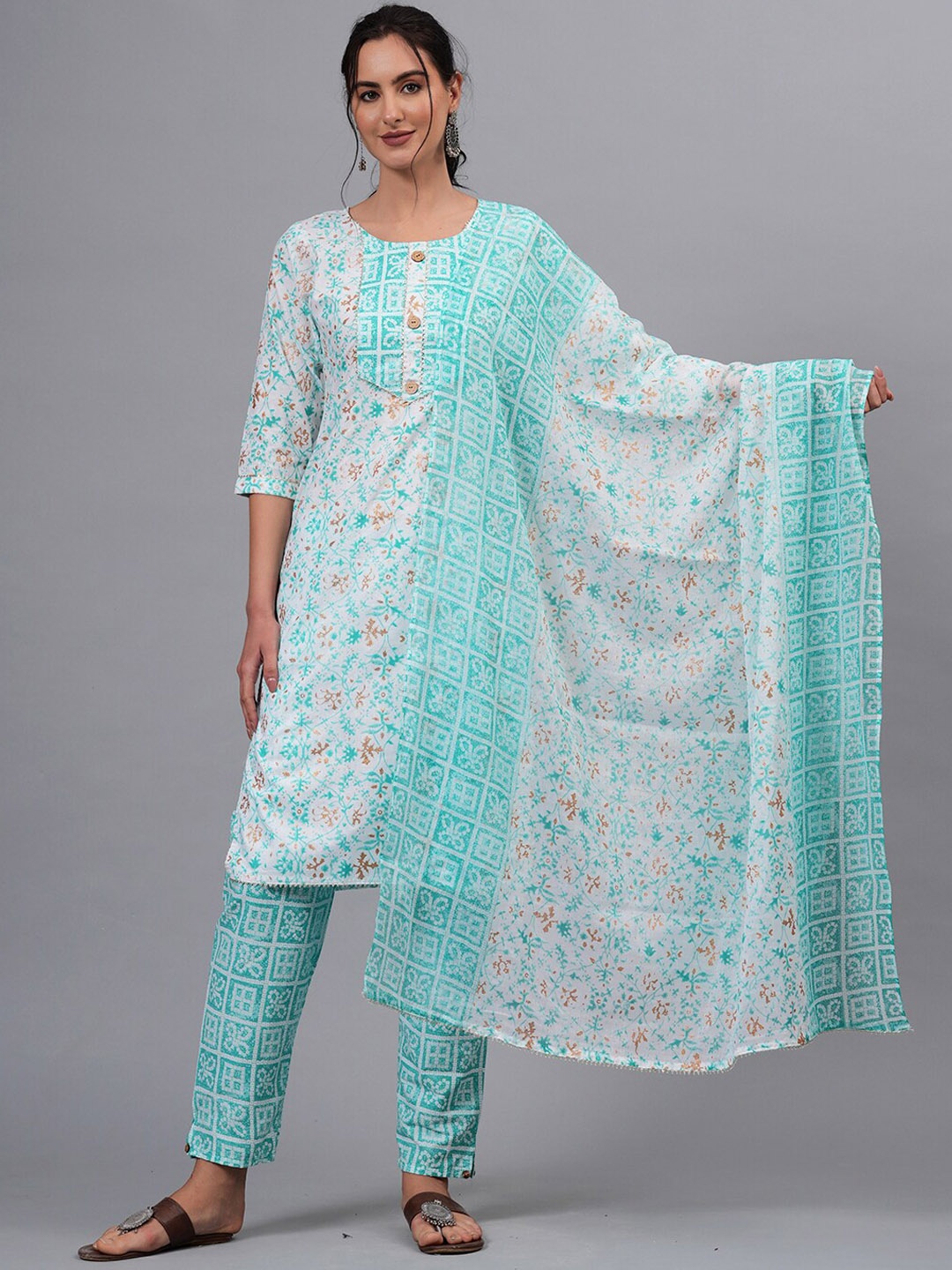 

KALINI Floral Printed Pure Cotton Straight Kurta with Trousers & Dupatta, White